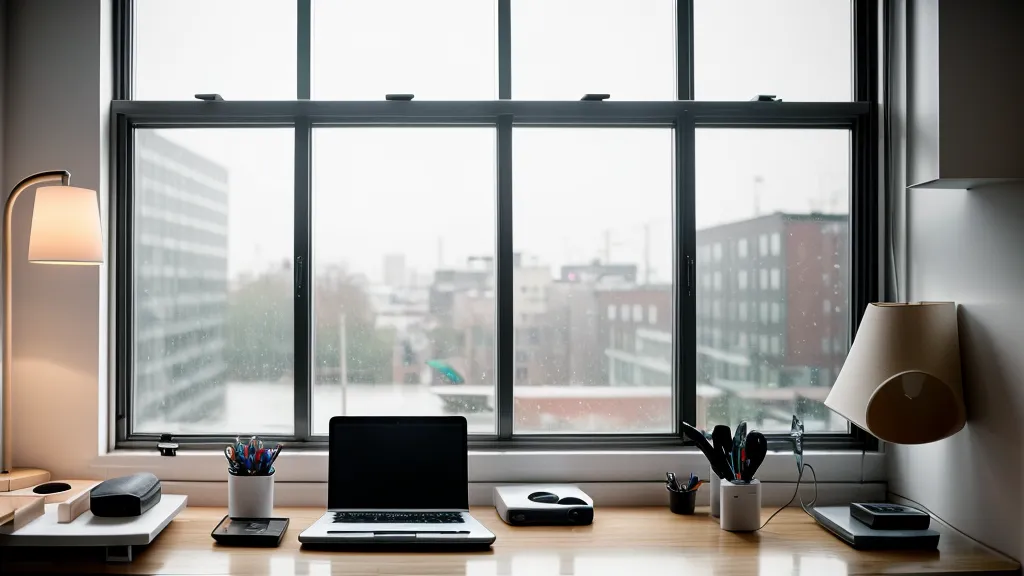 Bureau avec vue sur une zone industrielle sous la pluie, pendant une session de recherche d'emploi et de contact direct avec un recruteur