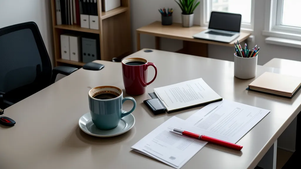 Tasse de café posée près de dossiers de candidature pendant la préparation d'une négociation salariale après le chômage