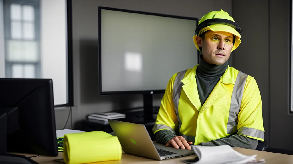 Un gilet de haute visibilité accroché à une chaise devant un ordinateur de bureau.